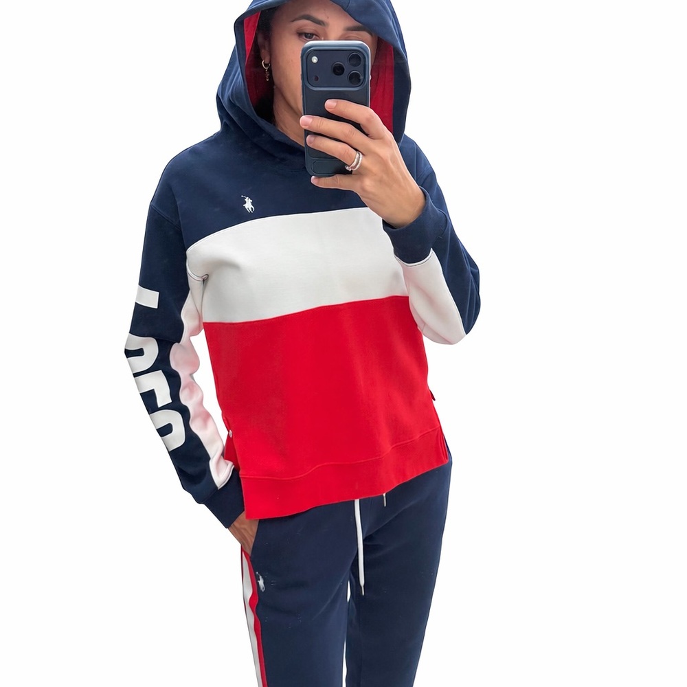 Polo by Ralph Lauren Men's Navy, White, and Red Sweater